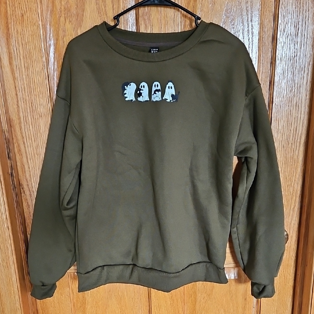 Women's Olive Green Sweater with Ghost Print